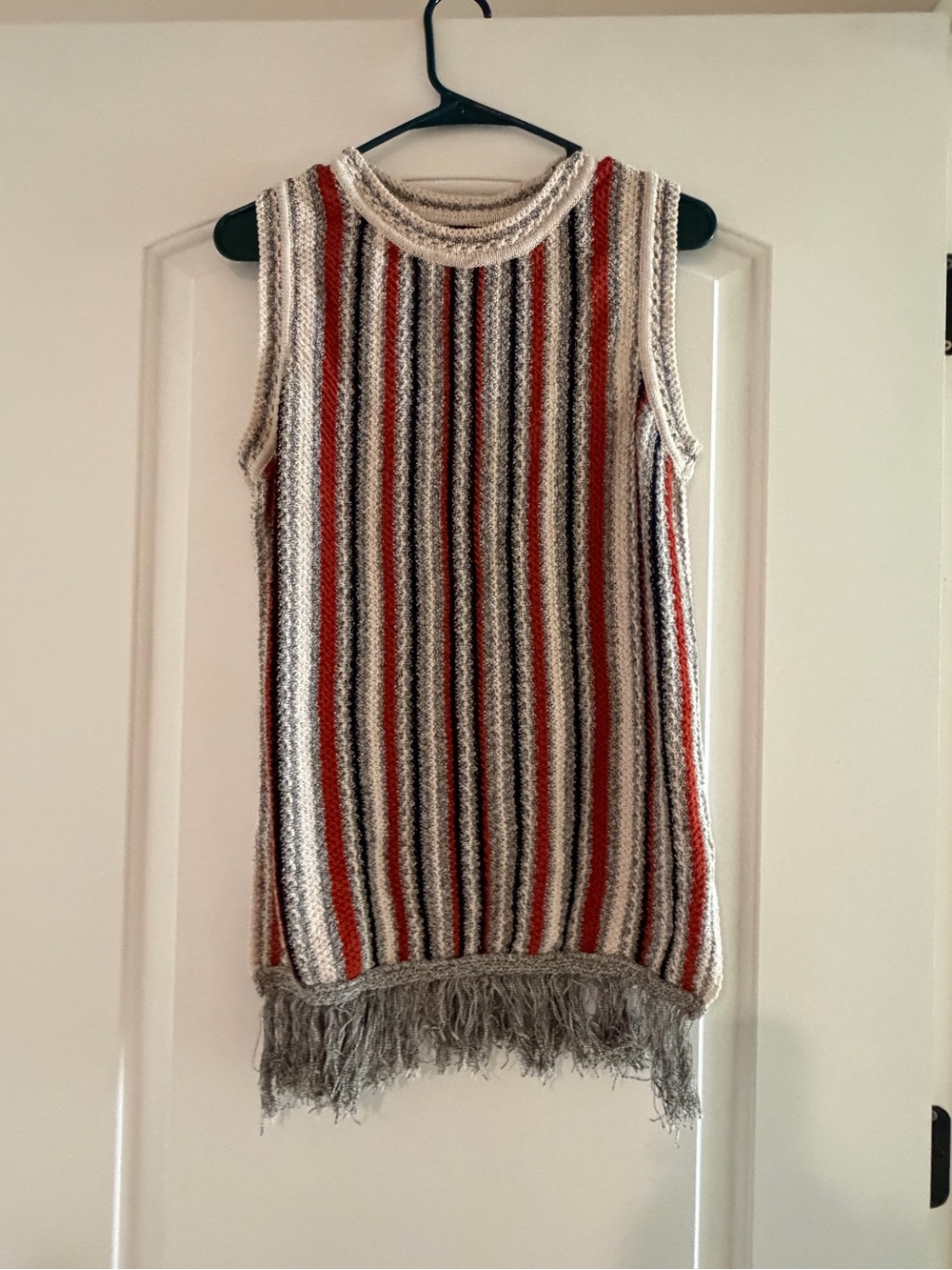 Striped Sleeveless Fringe Knit Sweater Vest - Red, Gray, Cream